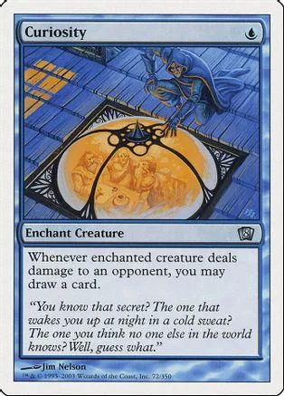 Blue and gold card art featuring a figure above a glowing, detailed scene.