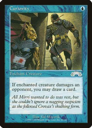 Creature card art: armored figure facing a yellow beast. Blue and black frame.