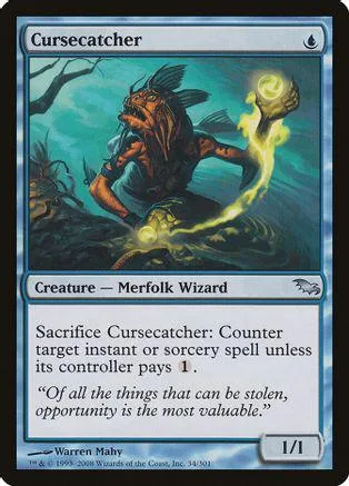 Merfolk wizard creature card, dark blue and green art, showing a monstrous figure.