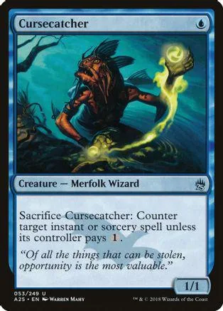 Dark merfolk wizard on a stormy sea, black and blue card art.