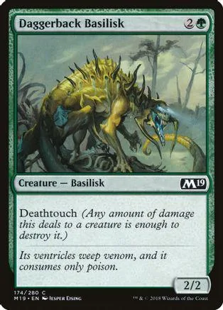 Green and yellow basilisk monster on a Magic: The Gathering card.