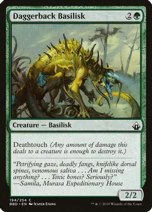 Yellow and black basilisk monster card art, showing a fierce creature in a forest.
