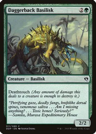 Green and yellow basilisk monster card art, showing a spiky creature in a forest.