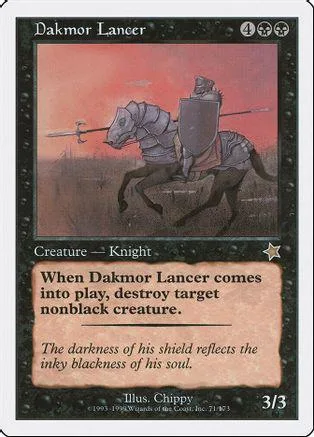 Knight creature card art: armored rider on horse against a reddish-orange sky.