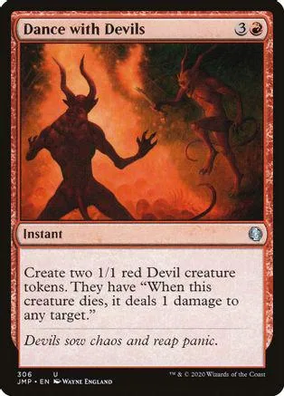 Red devil creature art card, "Dance with Devils," in a protective sleeve.