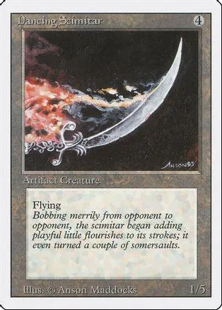 Silver scimitar blade against dark background on a collectible card.
