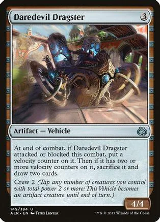 Dark, mechanical vehicle on a card with blue and brown tones.