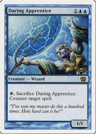 Wizard character drawing on a blue and white Magic: The Gathering card.