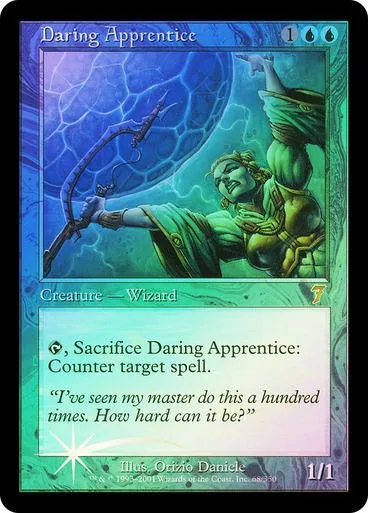 Blue and green wizard creature card, "Daring Apprentice," in standard card frame.