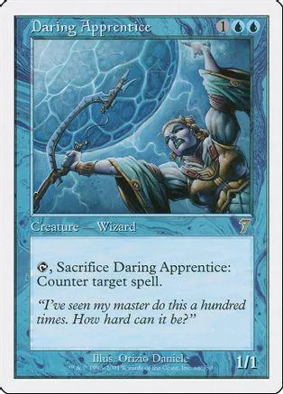 Blue and white card art of a wizard with a bow, titled "Daring Apprentice.