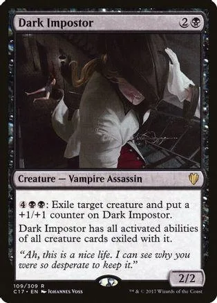 Vampire assassin creature card, dark setting, white robe, black and gray tones.