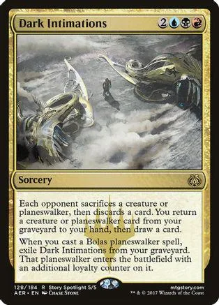 Dark Intimations Magic: The Gathering card, dark fantasy art, black and gold frame.