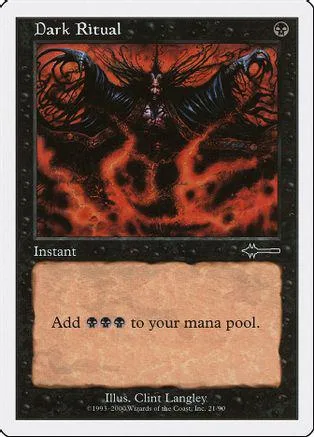 Black and red fantasy art card, "Dark Ritual," with instant mana ability text.