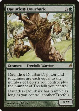 Large, gnarled tree creature card art, brown and green tones.