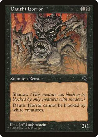 Dark, monstrous creature illustration on a black card with white text.
