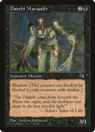 Dark, humanoid creature on a Magic: The Gathering card. Green and grey tones.