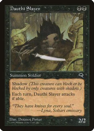 Dark, shadowy creature with a knife, on a black and green card.
