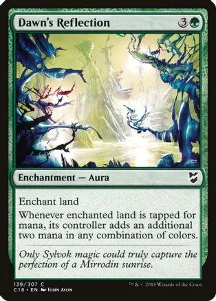 Green and blue landscape card art, "Dawn's Reflection" enchantment.
