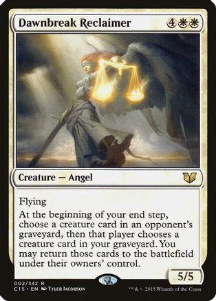 Angel creature card, dawn colors, wielding scales, on a collectible card.