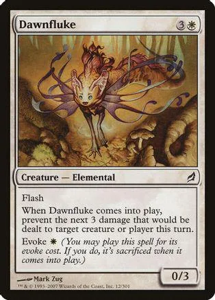 Orange elemental creature card art, Dawnfluke, with text box.