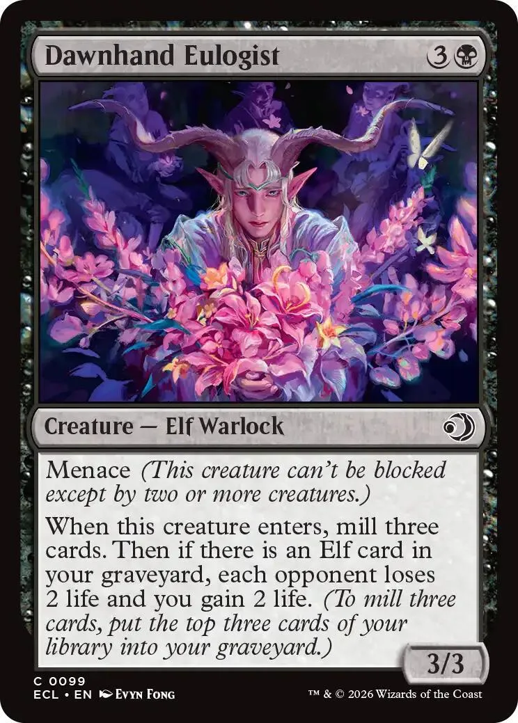 Elf warlock card art featuring a purple-haired figure among pink flowers.