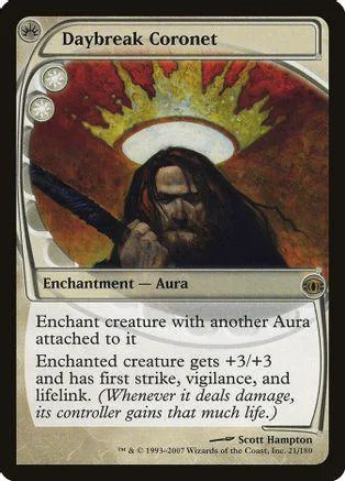 Dark-haired figure with crown on Daybreak Coronet Magic: The Gathering card.