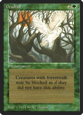White bird flies through dark, gnarled trees on a green card.