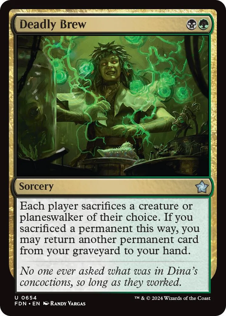 Green-themed Magic: The Gathering card, "Deadly Brew," featuring a dark sorcerer.