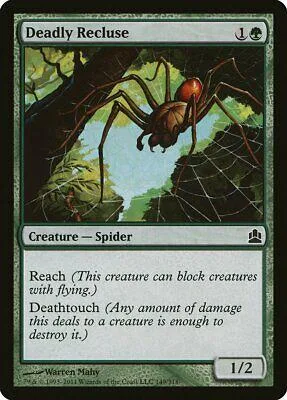 Spider creature card art, brown and orange spider in a dark, green forest.