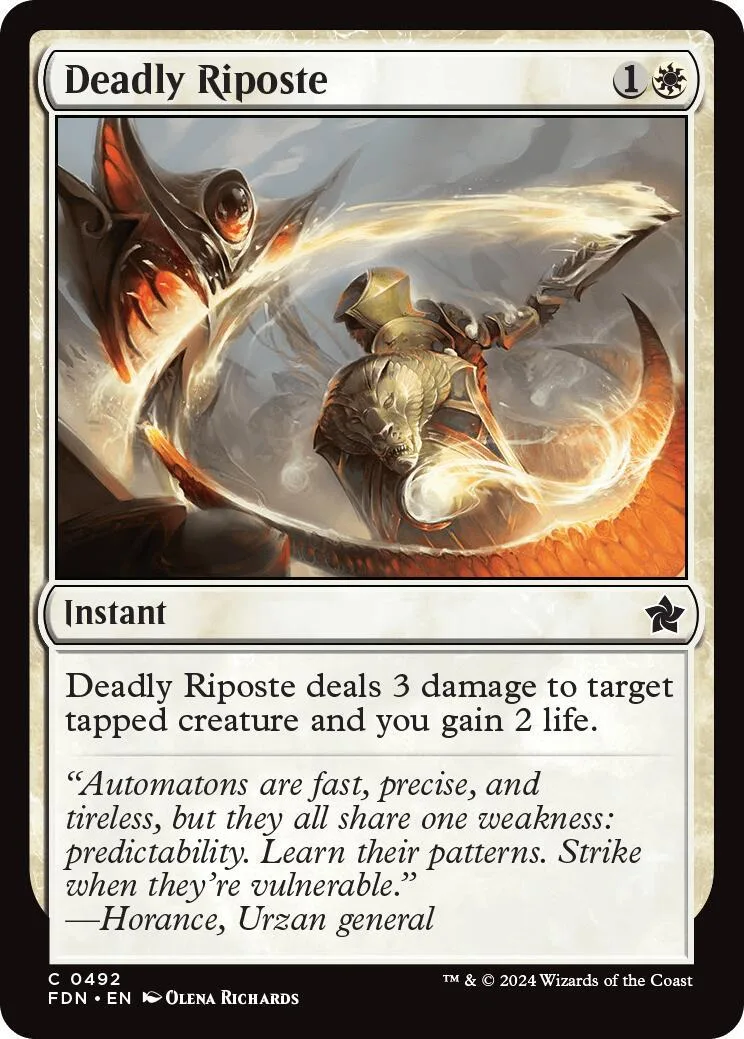 Magic: The Gathering card, Deadly Riposte, featuring a warrior in a fiery scene.