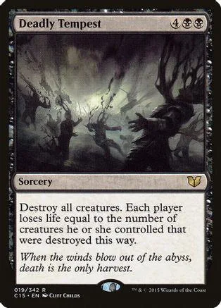 Dark, stormy scene with shadowy figures. Black and gray card art.