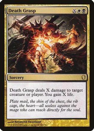 Dark fantasy card art showing fiery, monstrous figures clashing. Sorcery card.