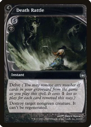 Black and dark art Magic: The Gathering card, "Death Rattle," showing a figure in a dark scene.