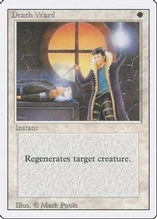 Card art shows man with glowing staff over prone figure. Death Ward instant.