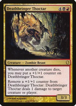 Zombie beast creature card art, dark forest setting, Deathbringer Thoctar.