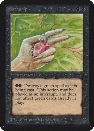 Hand holding thorny red vine over green field. Magic: The Gathering card.