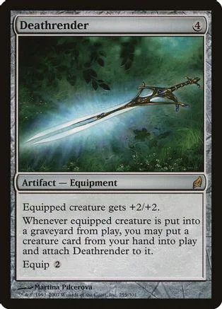 Silver sword artifact card, Deathrender, green forest background, Magic: The Gathering.