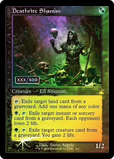 Dark shaman figure in black cloak against purple, smoky background on a trading card.