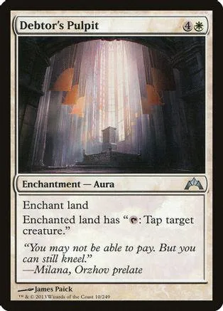 Magic: The Gathering card, Debtors Pulpit, dark, ethereal scene, white and purple light.