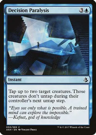 Blue and black Magic: The Gathering card, Decision Paralysis, showing a futuristic, dark landscape.