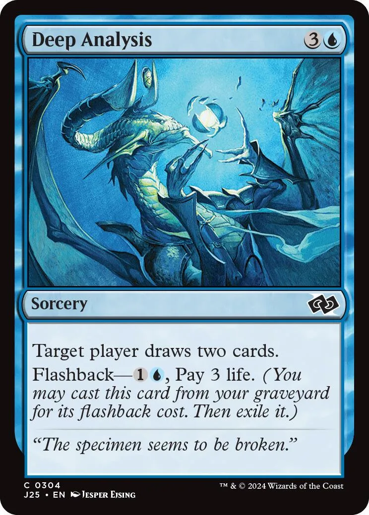 Blue and green fantasy creature on a Magic: The Gathering card titled "Deep Analysis.