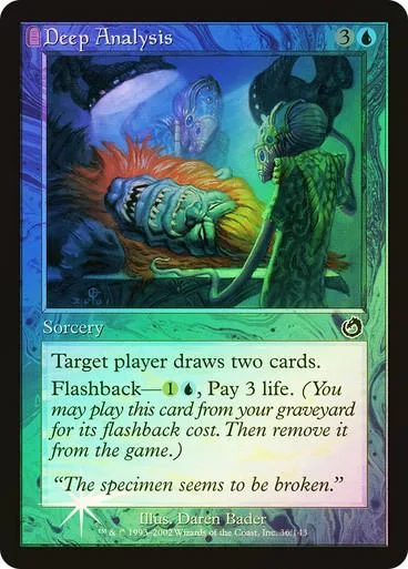 Blue and green Magic: The Gathering card, "Deep Analysis," featuring monstrous creature art.