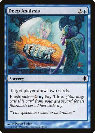 Blue and black Magic: The Gathering card, "Deep Analysis," featuring alien creature art.