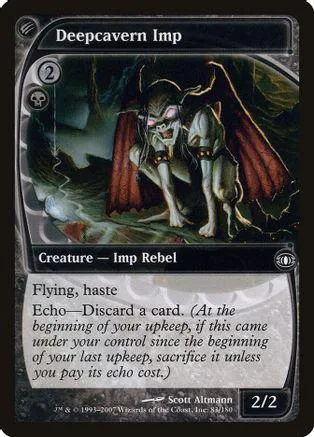 Imp creature card with dark, fiery art. Black and white card frame.