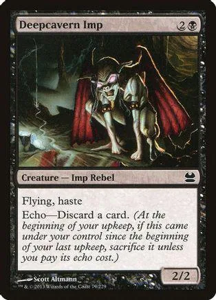 Imp creature card art: dark forest, red wings, grey creature.