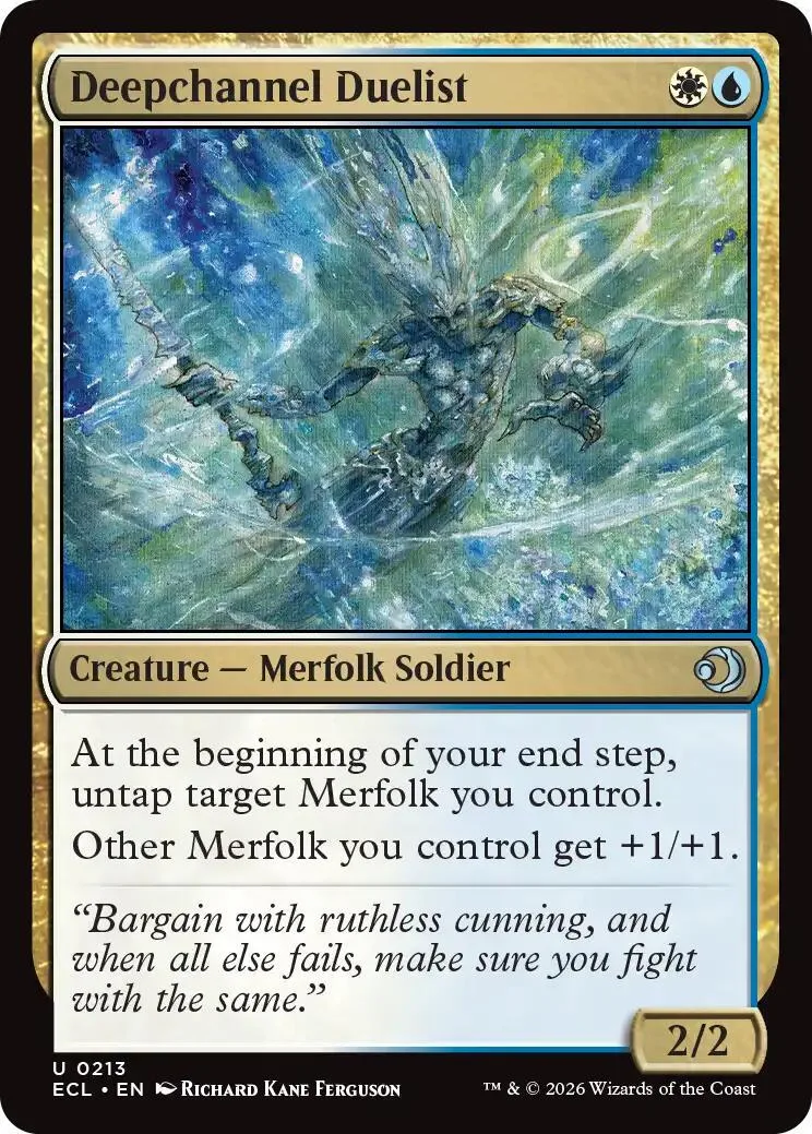 Blue and green merfolk soldier card art, showing a creature in a watery, swirling environment.