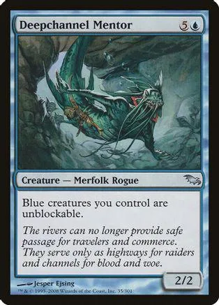 Green merfolk rogue creature with dark, watery background art.