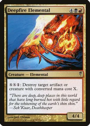 Red and orange elemental creature on a blue background, Magic: The Gathering card.