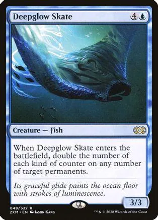 Blue and green card art of a glowing, dark fish creature.