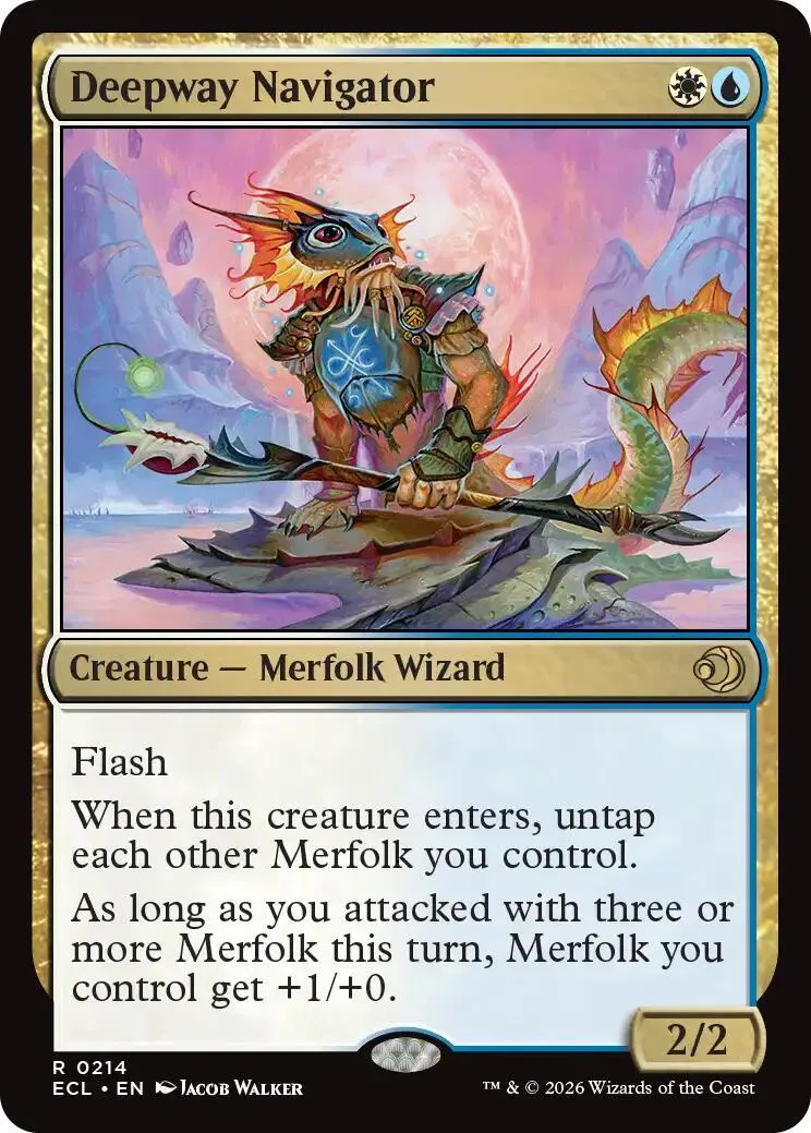 Merfolk wizard creature card art: orange and blue sea creature on rocky shore.